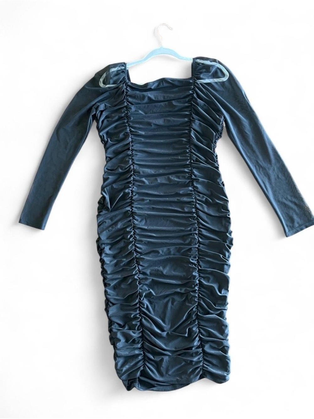 Forever Rose Couture NWT Black Ruched Bodycon Midi Dress Sheer Long Sleeve